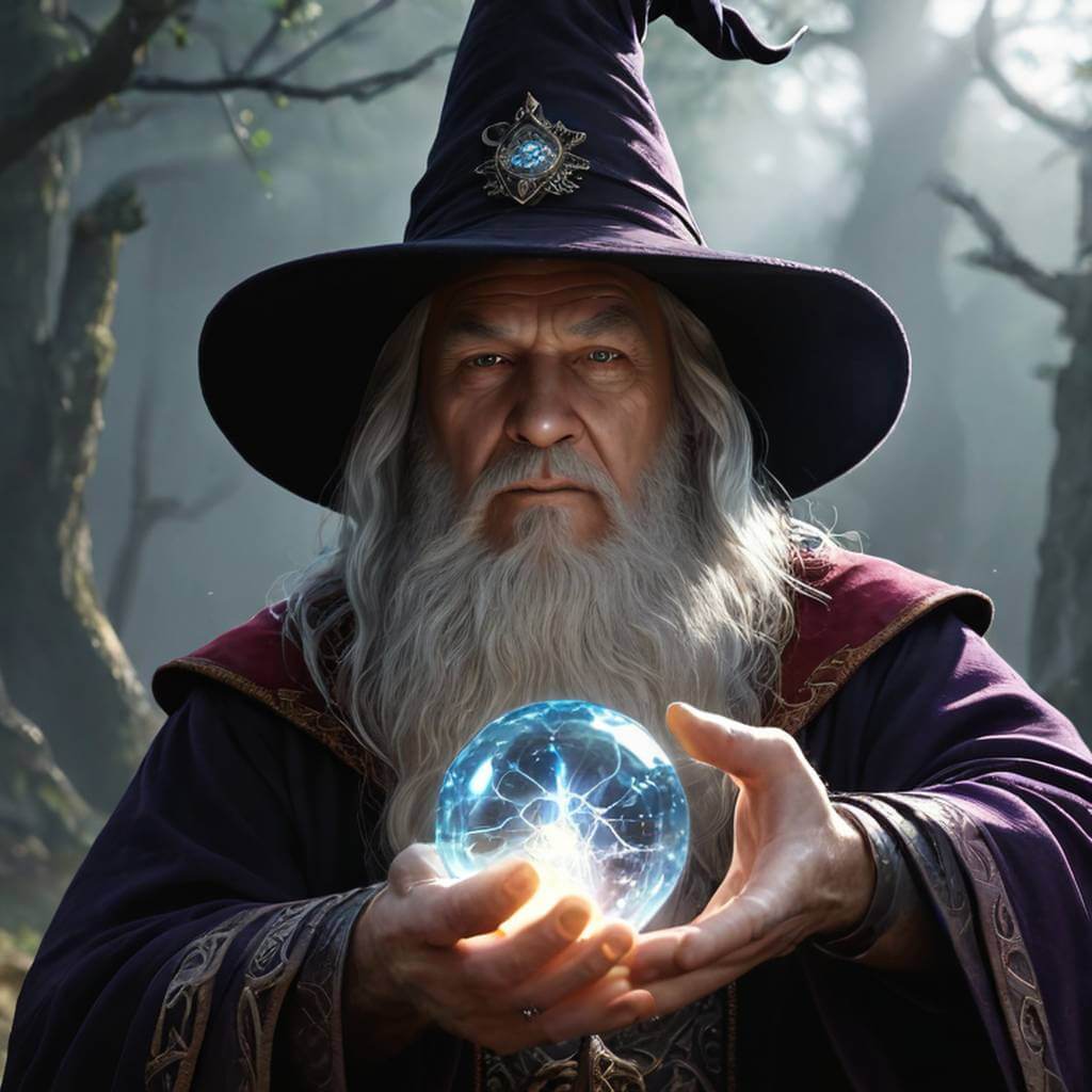 A wizard channels magic into a glowing orb that pulses and floats.