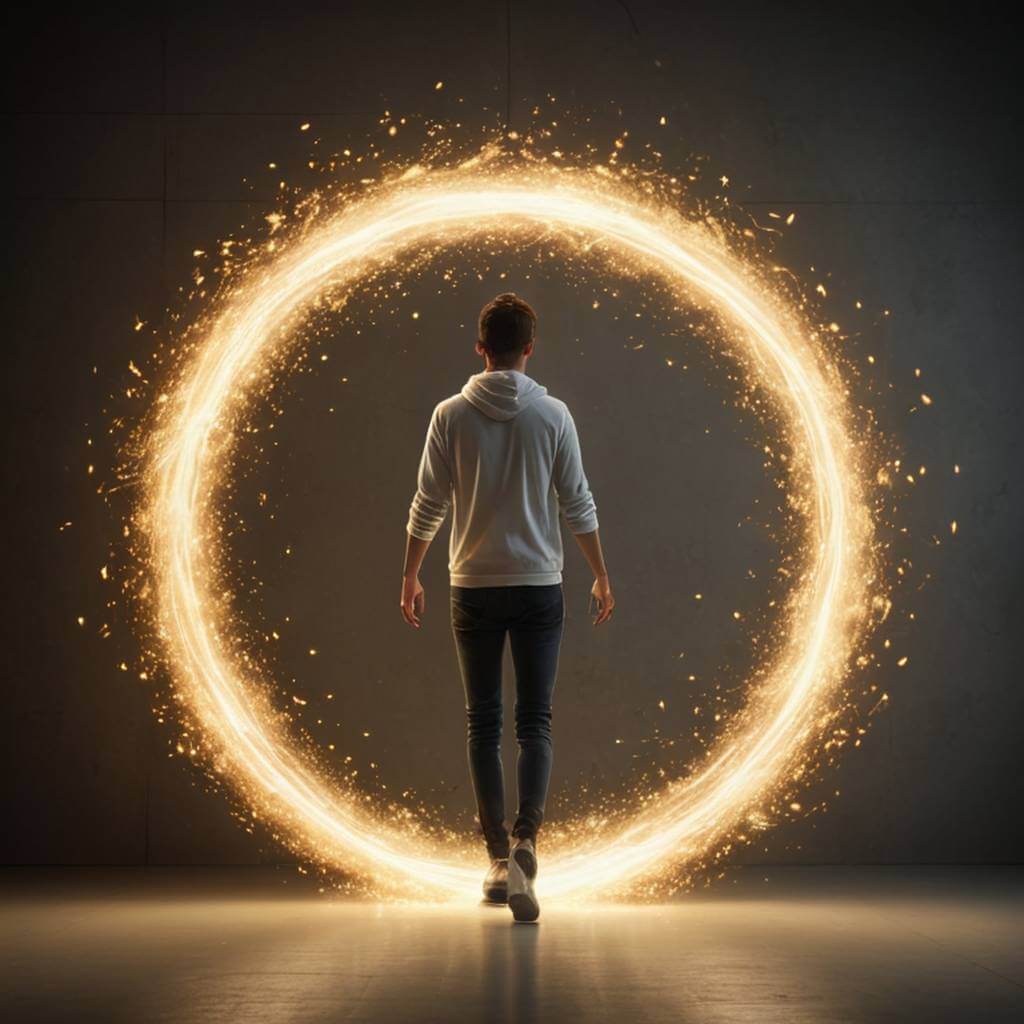 A person steps into a glowing portal and slowly dissolves into particles.