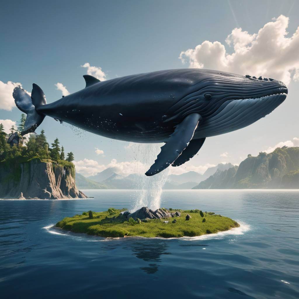 A flying whale swims past a floating island, its fins moving gracefully.