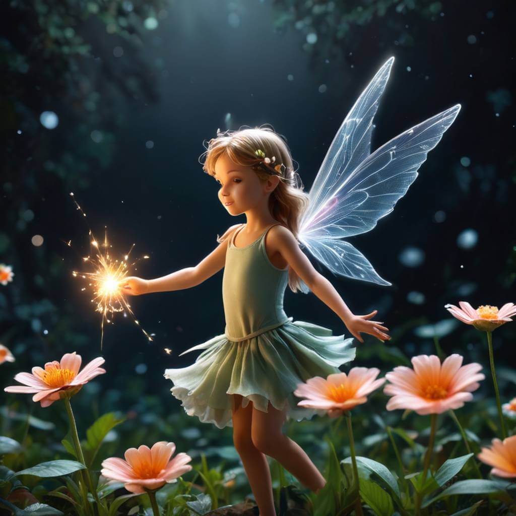 Tiny fairies flutter around a flower, leaving glowing trails of dust.