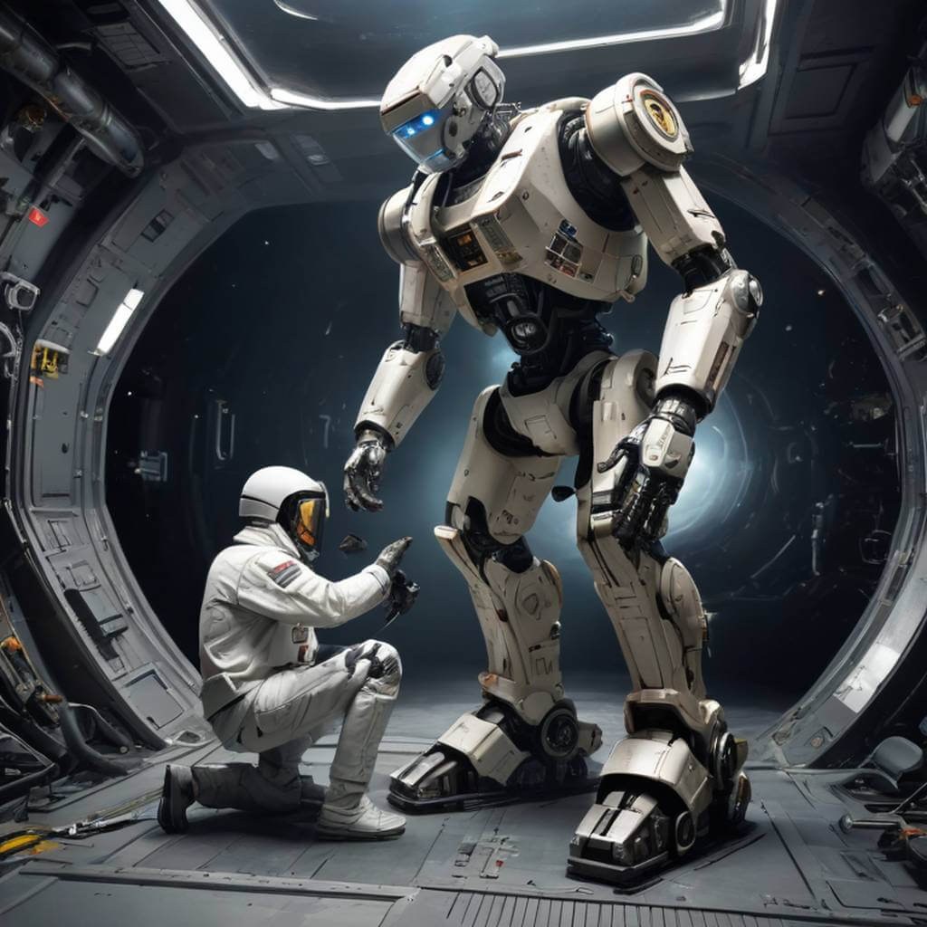 A small maintenance robot fixing a tall robot’s leg in space.