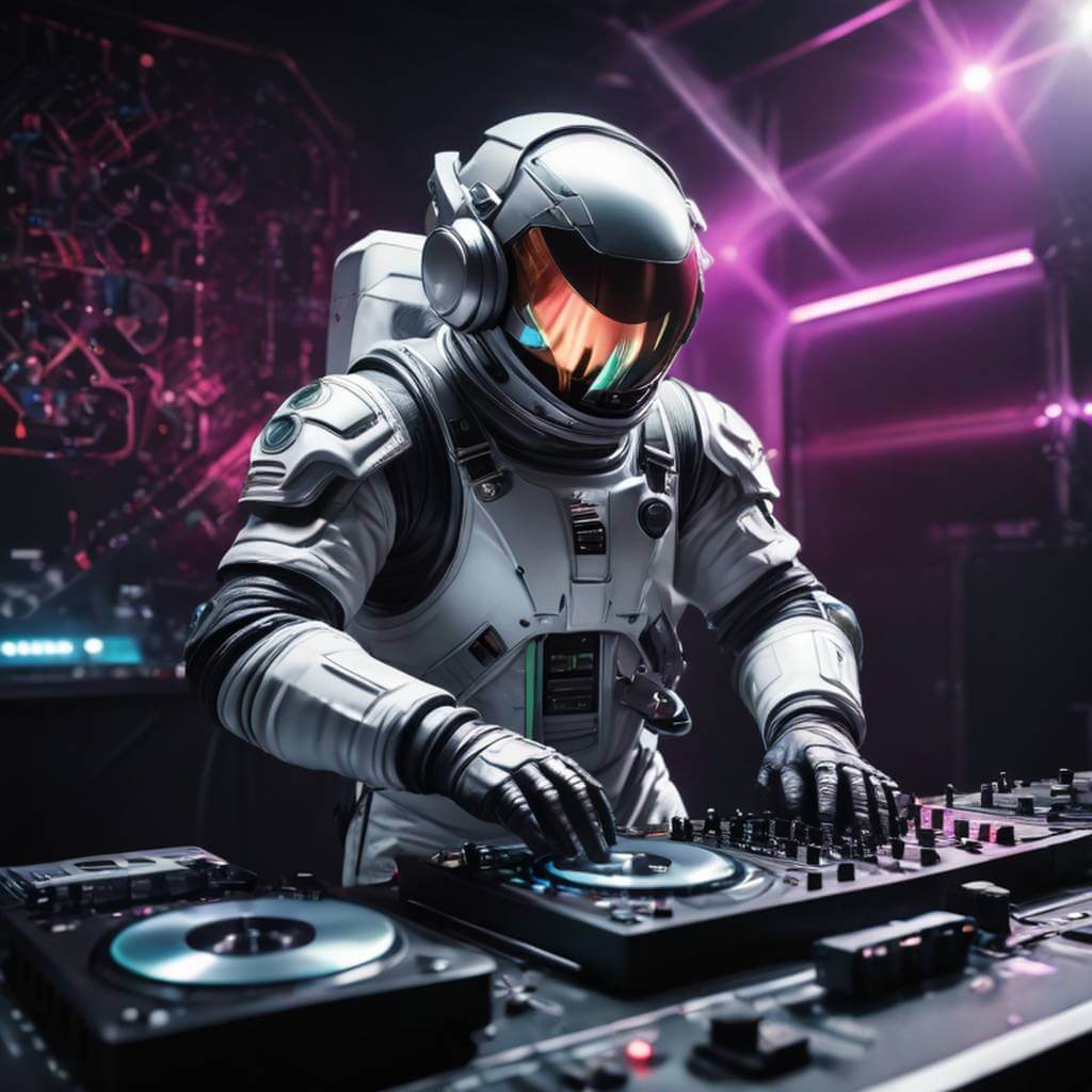 A DJ in a spacesuit mixing tracks, laser lights flashing to the beat.