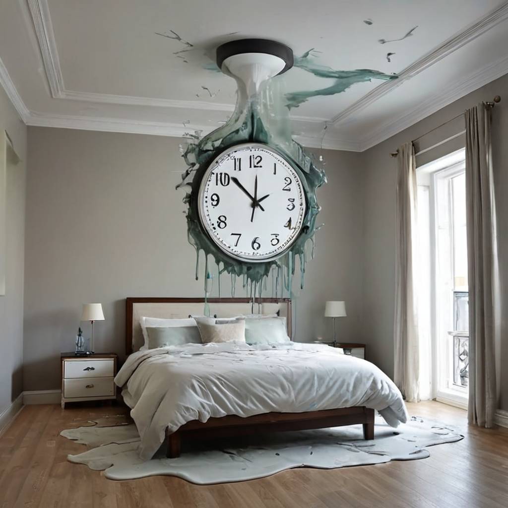 A room slowly melting like paint, clock hands spinning backwards.