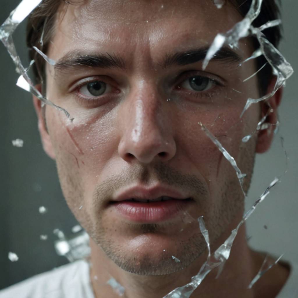 A face turns to glass and shatters, then reforms in reverse slow motion.