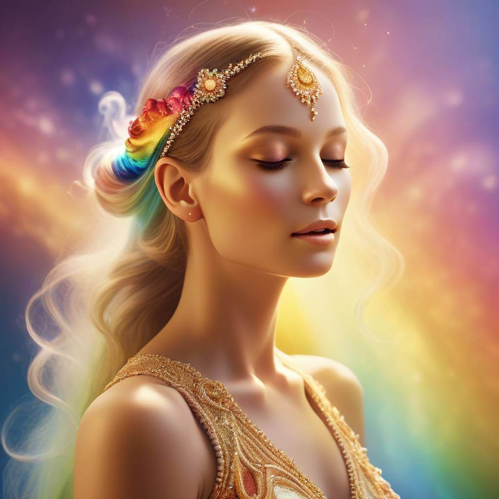  A person exhales slowly and rainbow smoke gently flows and dances outward.