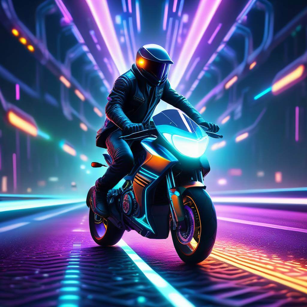 A sci-fi biker zooms across a glowing grid highway, lights reflecting everywhere.