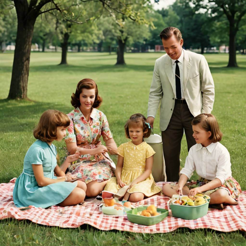 Restore a faded 1960s family picnic photo, bringing back the vibrant green grass and the warm, cheerful colors of everyone's clothing, as if freshly taken, using our powerful image recolor technology.