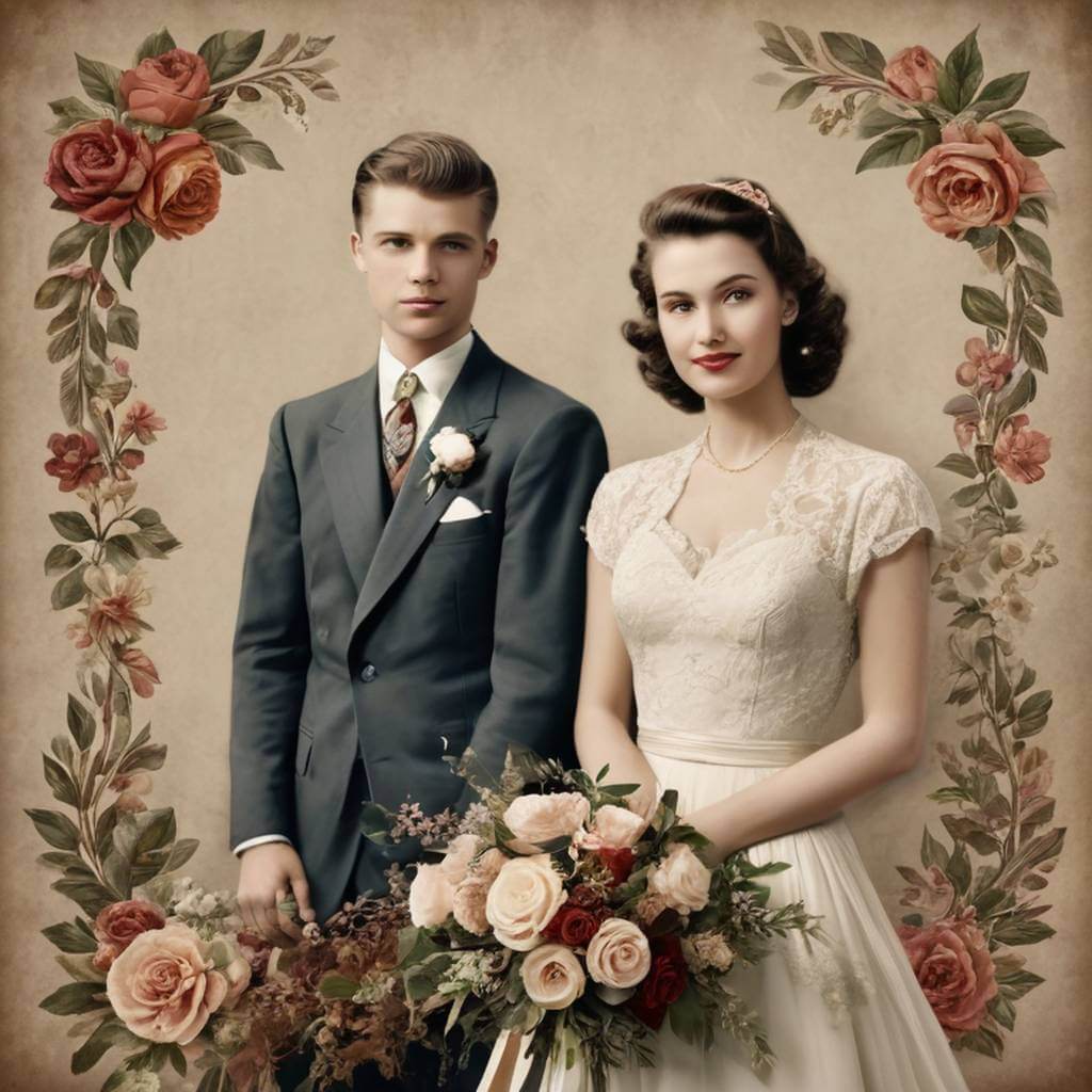 Recolor logo and images like a sepia-toned wedding photo from the 1940s, making attire and floral arrangements pop with realistic, rich hues while maintaining a vintage feel.