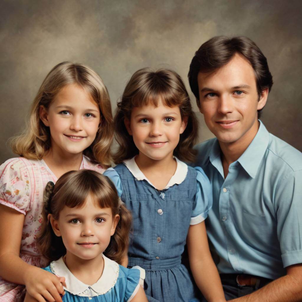Enhance a blurry childhood family portrait from the 1980s, sharpening faces and adding lively, natural colorization, demonstrating how to color any photo with ease.