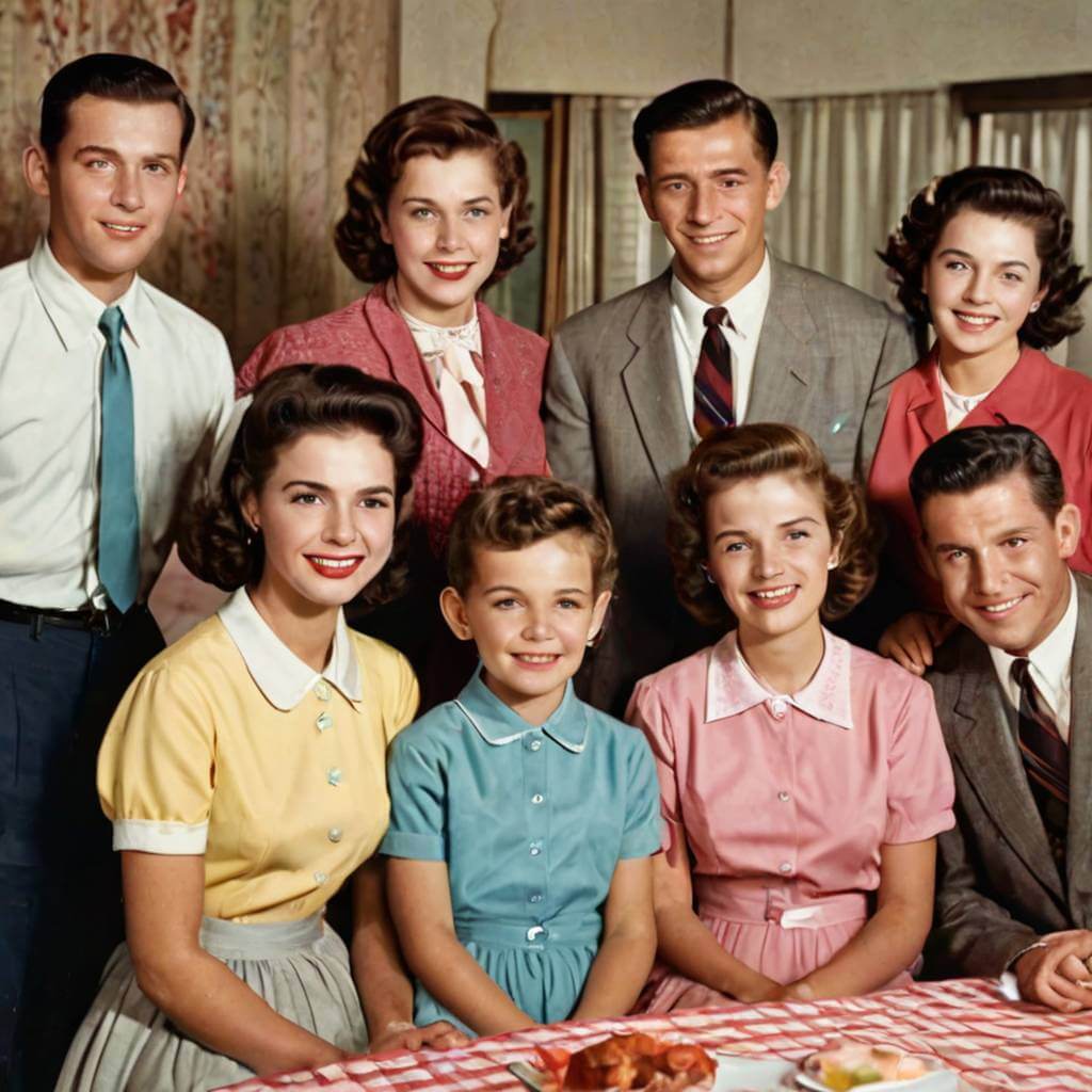 Revitalize a damaged print of a family gathering from the 1950s, repairing tears and scratches, and infusing it with vibrant, true-to-life colors that evoke nostalgia through our image recolorer.