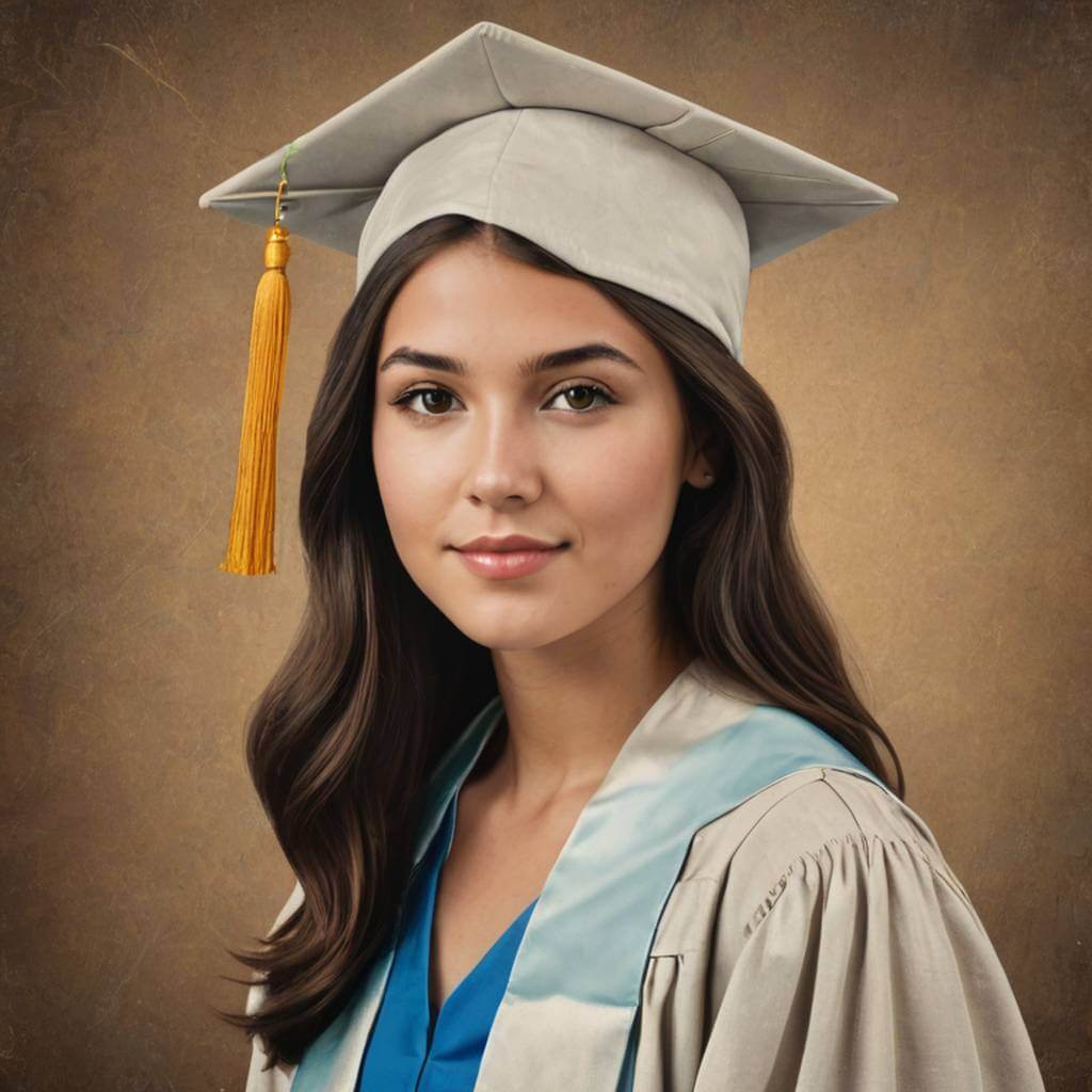 Restore a scratched and discolored vintage graduation portrait, bringing forth crisp details and a bold, celebratory color palette that highlights achievement.