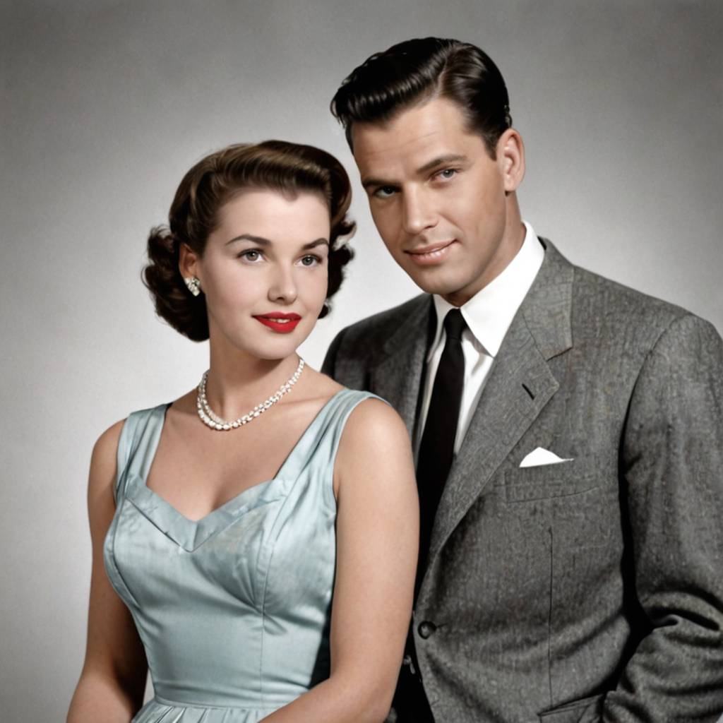 Color your pictures by colorizing a classic black-and-white couple's portrait from the 1950s, giving outfits and surroundings a soft, romantic coloration.