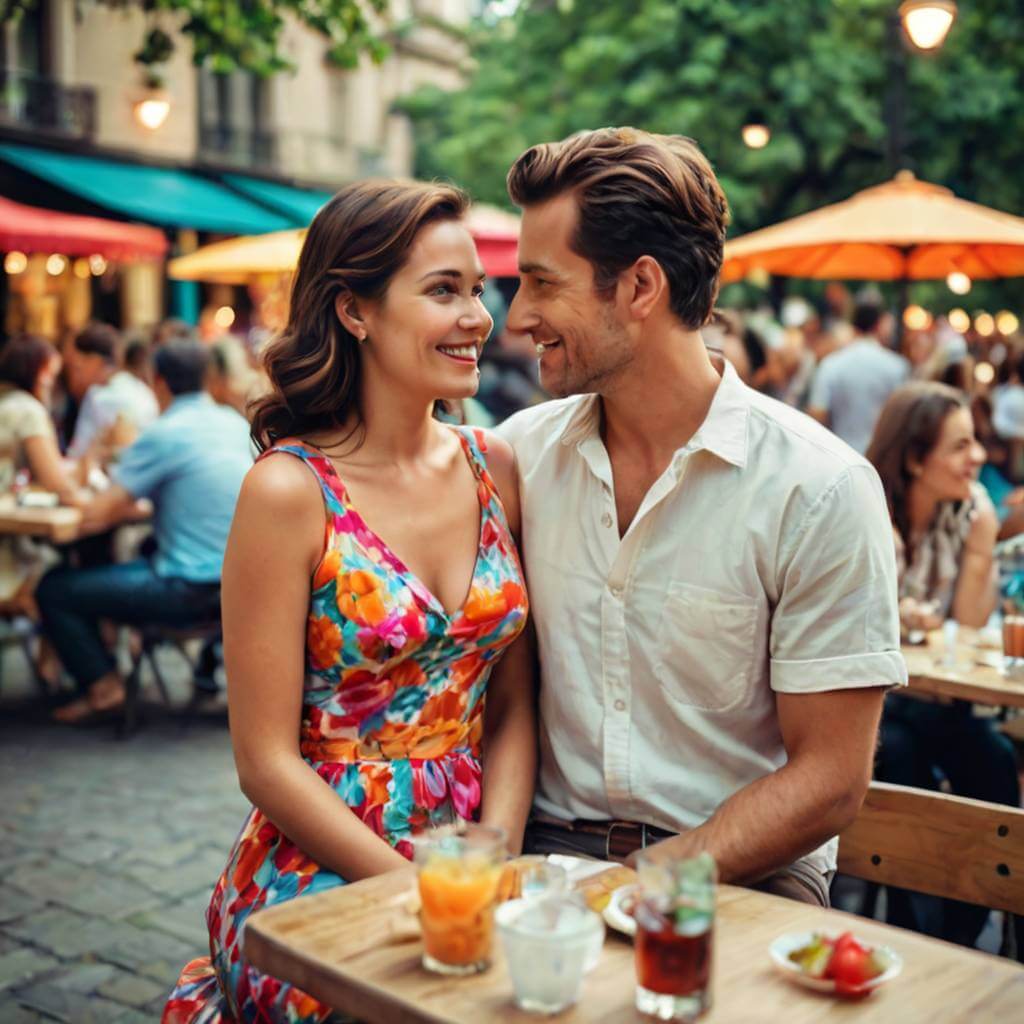 Enhance a slightly out-of-focus retro photo of a couple on a date, adding vivid, cheerful colors to their clothing and the scenery, making it look like a perfectly preserved moment.