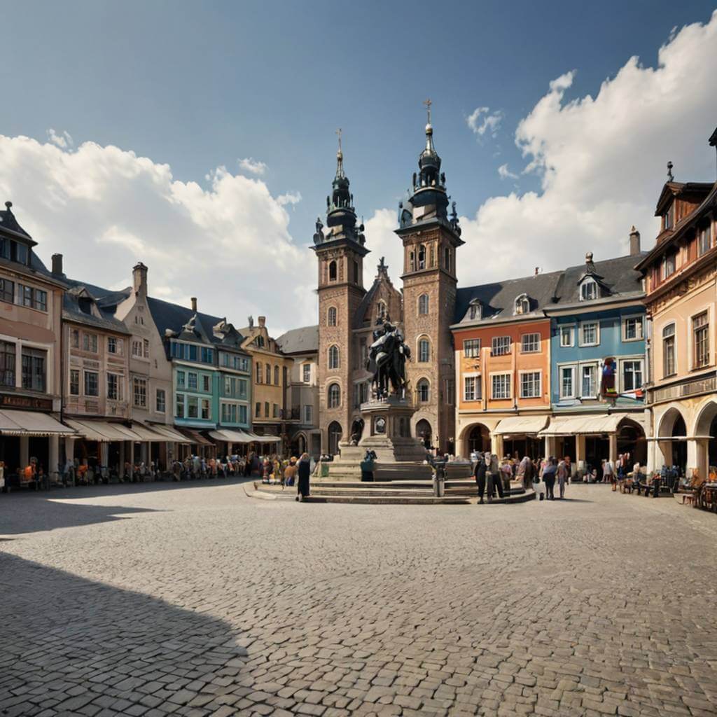 Restore a heritage photo of an old town square, introducing vibrant, historically accurate colors to the buildings, vehicles, and people, as if viewed in its prime.