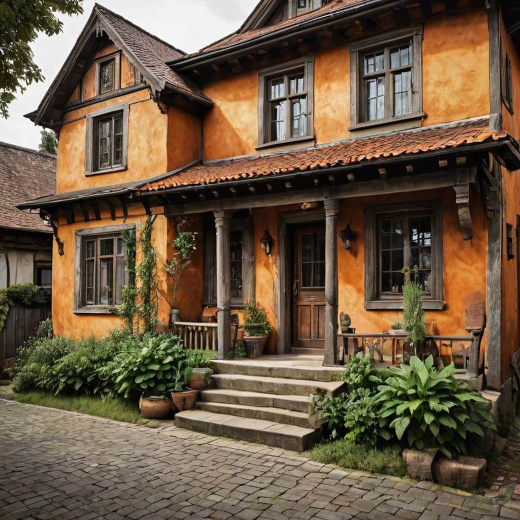 Colorize a black-and-white image of an ancestral home, bringing out the textures and details with rich, warm colors, making the architecture feel alive and inviting.