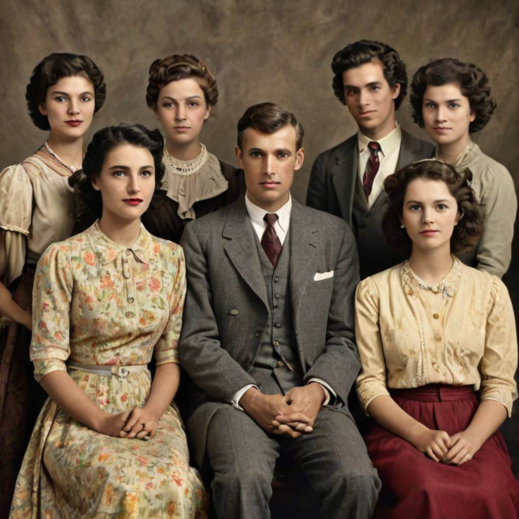 Repair and recolor an image of a historic group photograph, ensuring each individual's attire and facial features are depicted with clear, vibrant hues, making the past feel present and colorful.