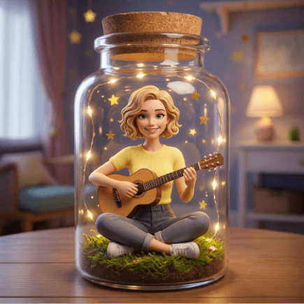 Create a 3D toy-style miniature character based on the person from the input photo. The character sit fully inside a large transparent glass jar, with the entire body including the feet completely contained within the jar. The character looks directly at