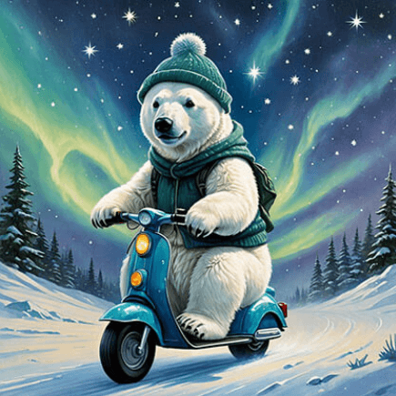 a polar bear riding a vespa scooter, night covered in stars, polar bear wears a blue knit wear and with big eye, happy smile, no human,star and light aurora sky, realistic and low saturation color tone