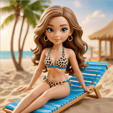 A girl wearing a leopard-print bikini and sheer cover-up, reclining on a luxury beach lounger, with statement earrings