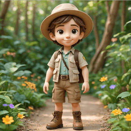 A cheerful short-haired boy explorer in a khaki safari outfit with colorful accents, wearing a tan hat and boots, standing on a sunlit forest trail with wildflowers and greenery.
