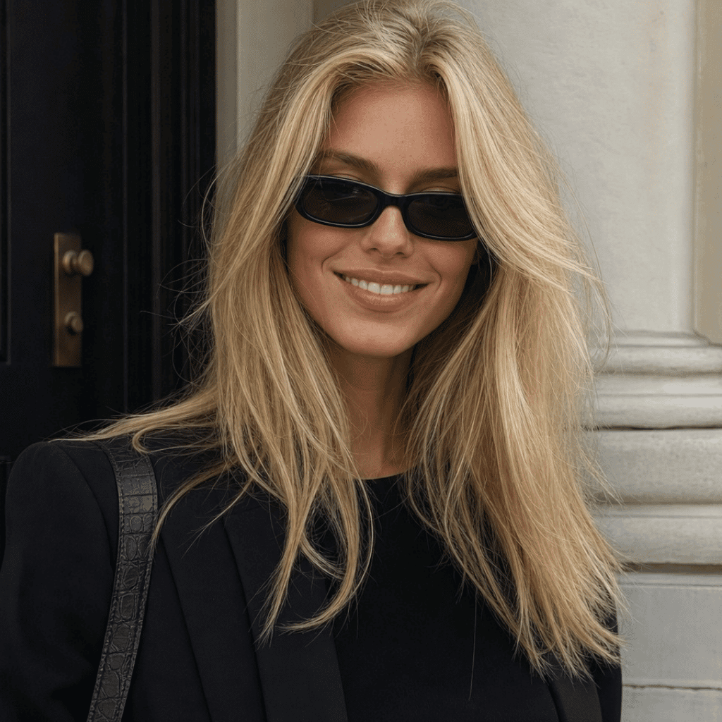 Woman with classic golden-beige 1990s blonde hair wearing sunglasses, illustrating the virtual hair dye filter.