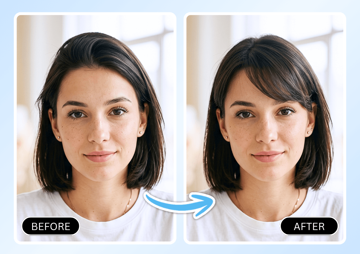 Before-and-after preview of an AI-generated bangs hairstyle try-on