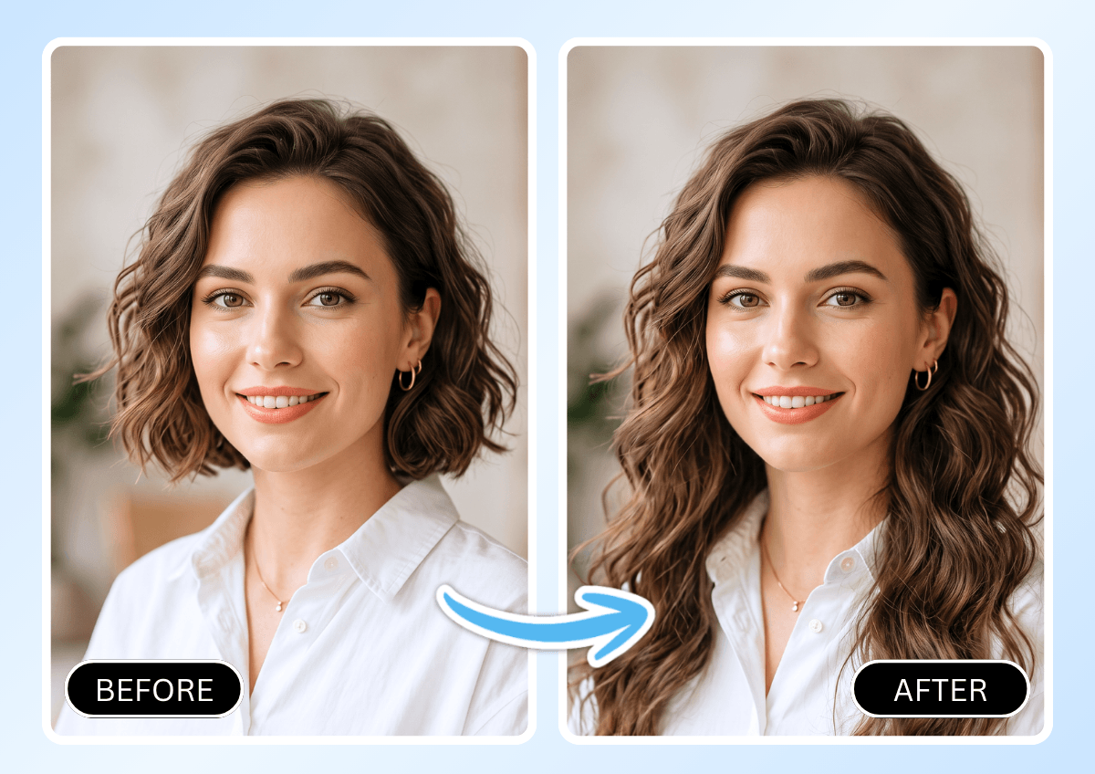 Before-and-after comparison showing added length and volume from virtual hair extensions