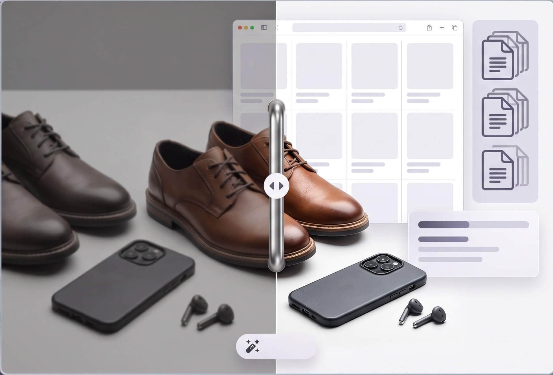 Before-and-after e-commerce product photo of shoes, a phone case, and earbuds enhanced from dull, uneven lighting to bright, consistent listing-ready quality using YouCam's AI Photo Enhancer