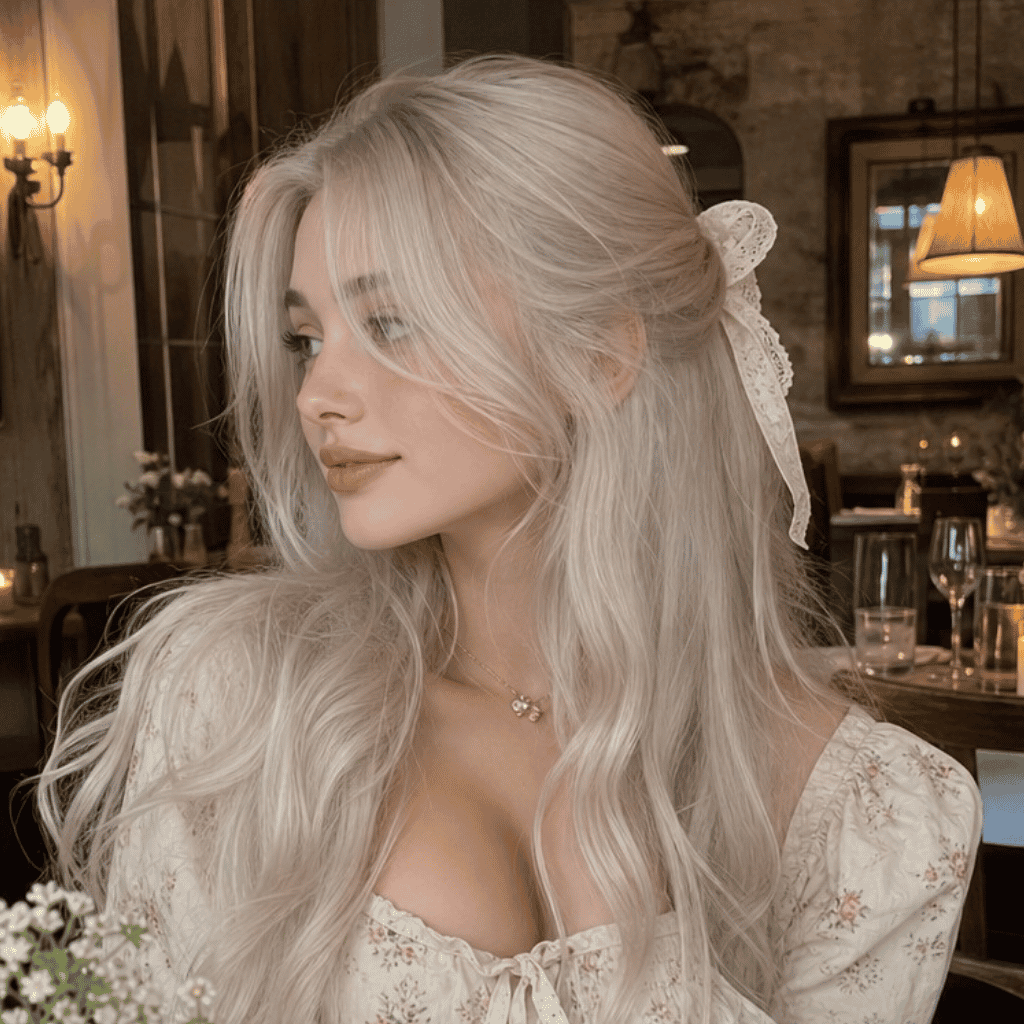 Side profile of a woman with long, icy pearlescent platinum blonde hair styled with a white bow.