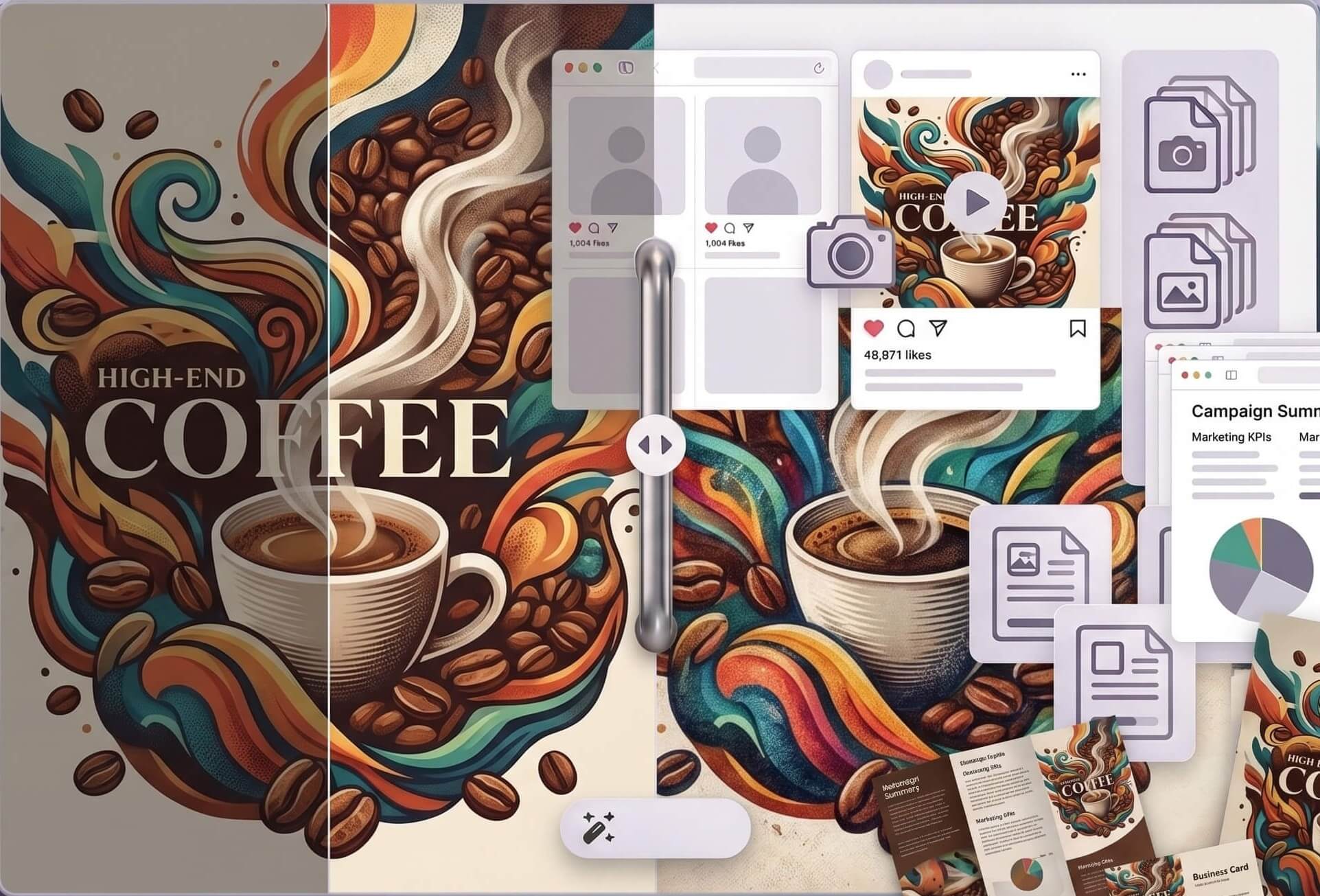 Before-and-after coffee brand artwork enhanced from muted illustration to vivid, high-resolution detail for poster, brochure, and business card print materials using YouCam's AI Photo Enhancer