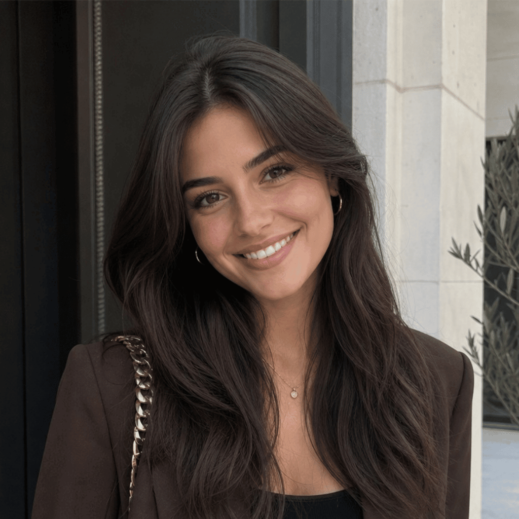 Smiling woman with long, cool-toned dark ash brunette hair using virtual hair color try-on tool.