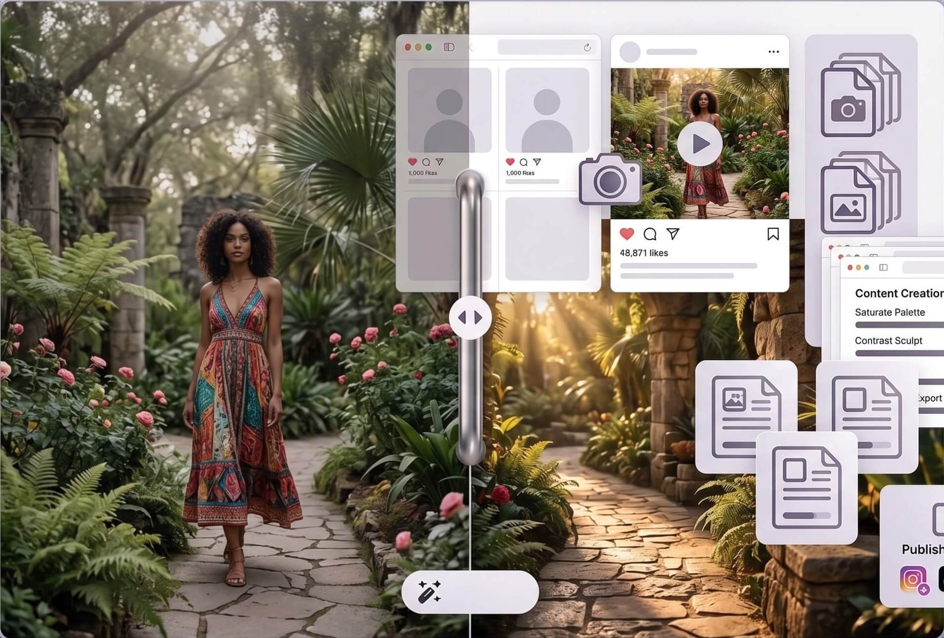 Before-and-after social media portrait enhanced from muted tones to vibrant, saturated color for an Instagram-ready post using YouCam's AI Photo Enhancer