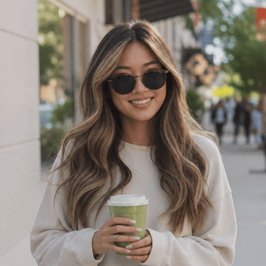 Woman wearing sunglasses and holding a coffee cup, showcasing soft caramel-brown and blonde balayage hair.