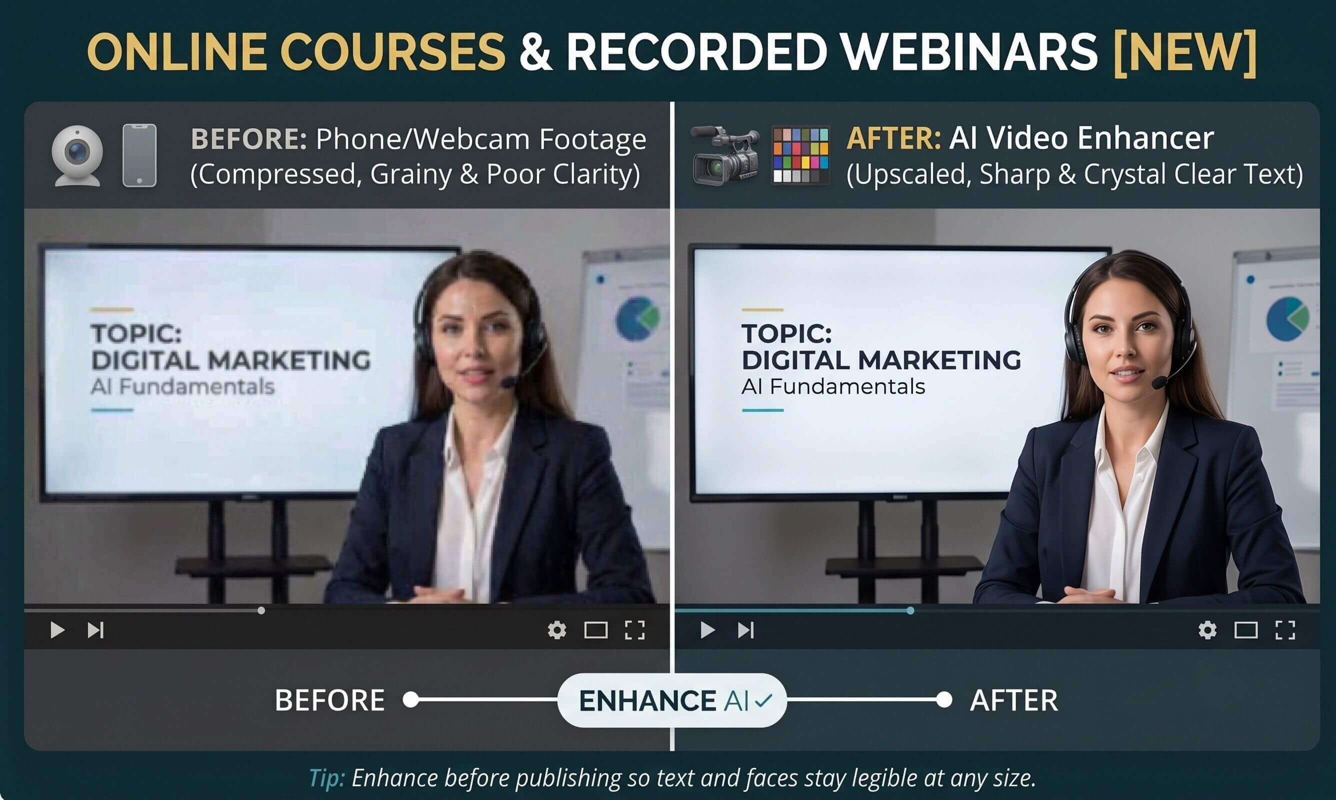 Before-and-after webinar recording showing grainy, compressed webcam footage enhanced into a sharp, high-resolution video with crisp on-screen text using YouCam's AI Video Enhancer