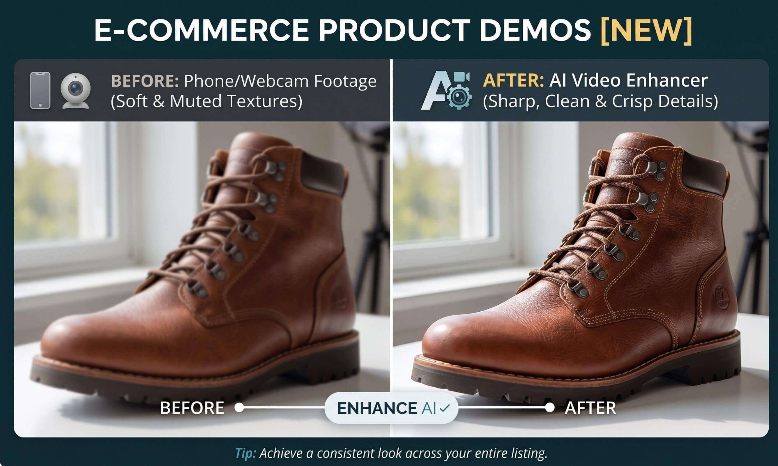 Before-and-after product demo video showing soft, muted phone footage of a leather boot enhanced into sharp, detailed video using YouCam's AI Video Enhancer