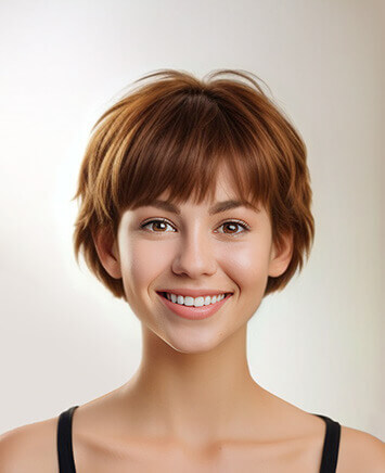 Bixie cut hairstyle preview generated by YouCam's AI Hairstyle Generator — a bob-pixie hybrid that flatters oval, heart, and square faces with cropped, face-framing layers.