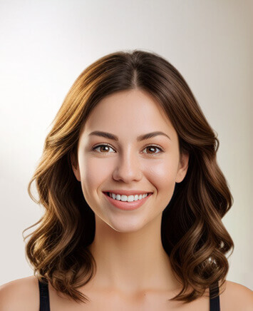 Curtain bangs hairstyle preview generated by YouCam's AI Hairstyle Generator — center-parted, face-framing fringe that's easy to style and grow out, flattering nearly every face shape.