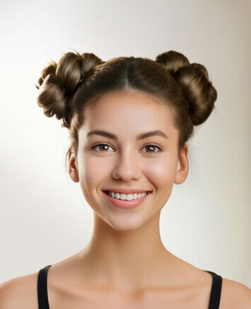 Space buns hairstyle preview generated by YouCam's AI Hairstyle Generator — two symmetrical high buns inspired by festival hair trends, styled for a playful, high-volume look.