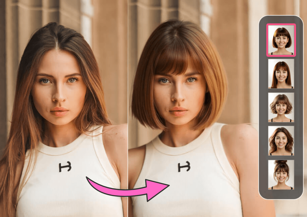 A person using their phone to virtually try on different hairstyles and colors with the YouCam AI tool.