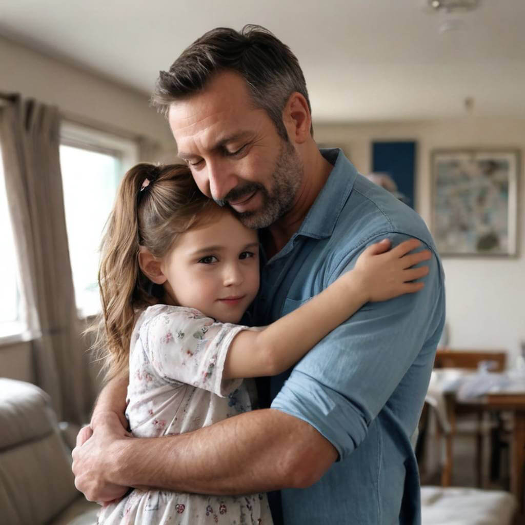 A father kneeling down to hug his young daughter after returning from a long trip.