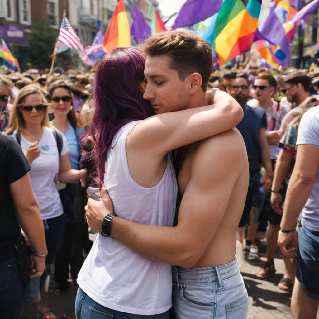 A nonbinary person hugging their same-sex partner at Pride, surrounded by flags.