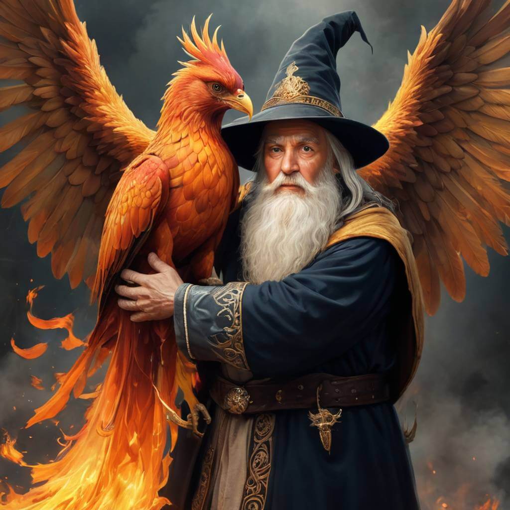 An old wizard hugging a fiery phoenix.