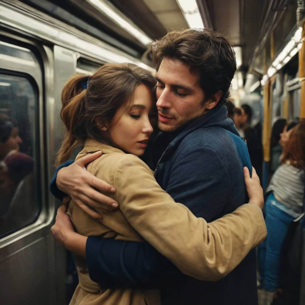 Two lovers hugging tightly in a crowded subway car, trying not to fall over with the motion.