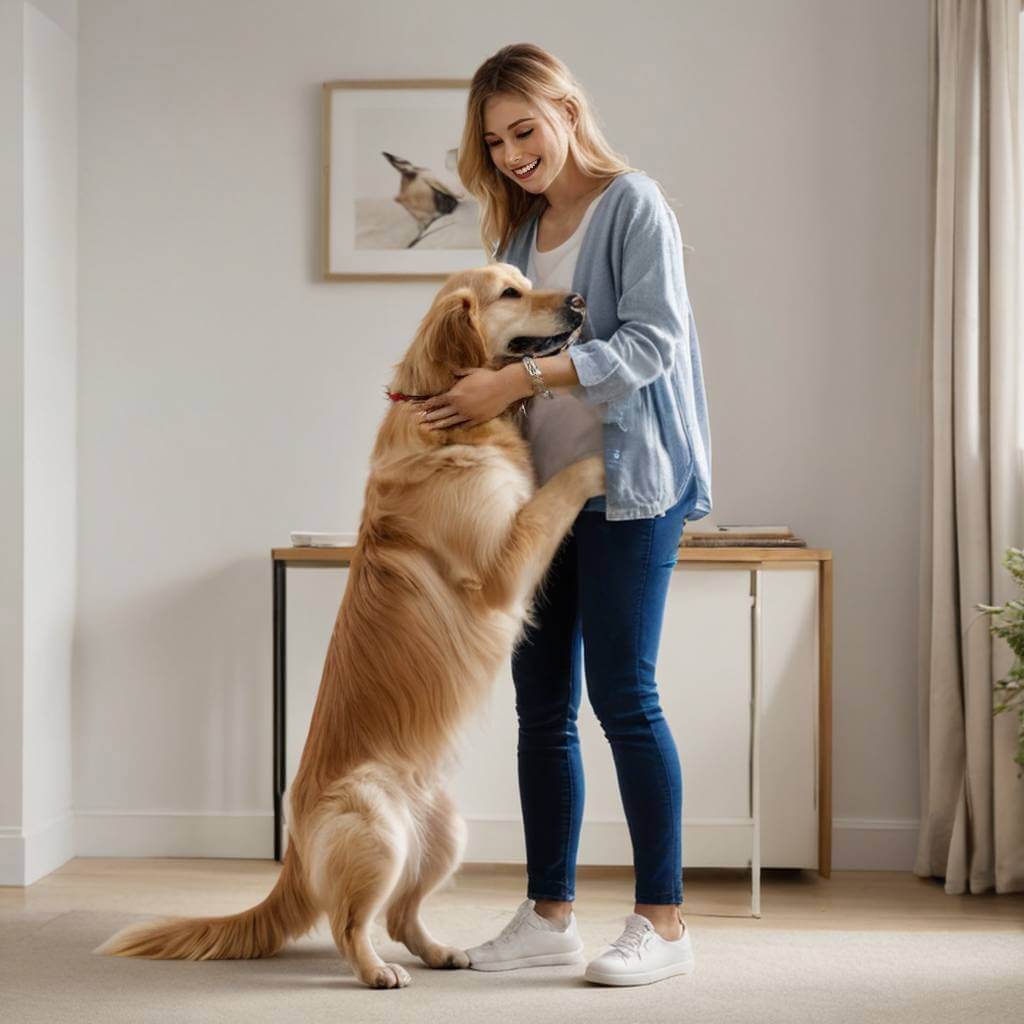 A golden retriever standing on hind legs hugging its owner.
