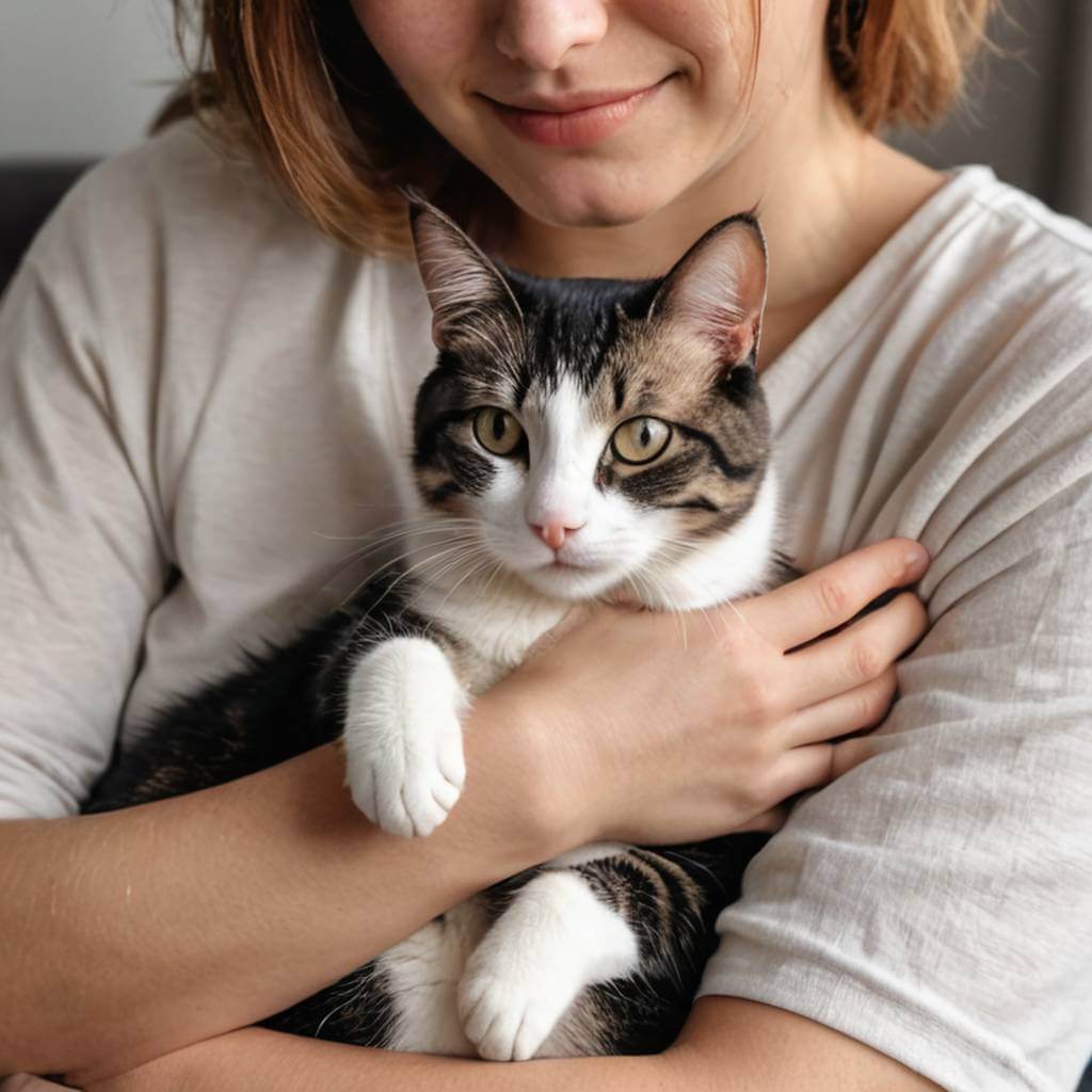 A cat snuggled into its owner’s chest, front paws hugging their arm.