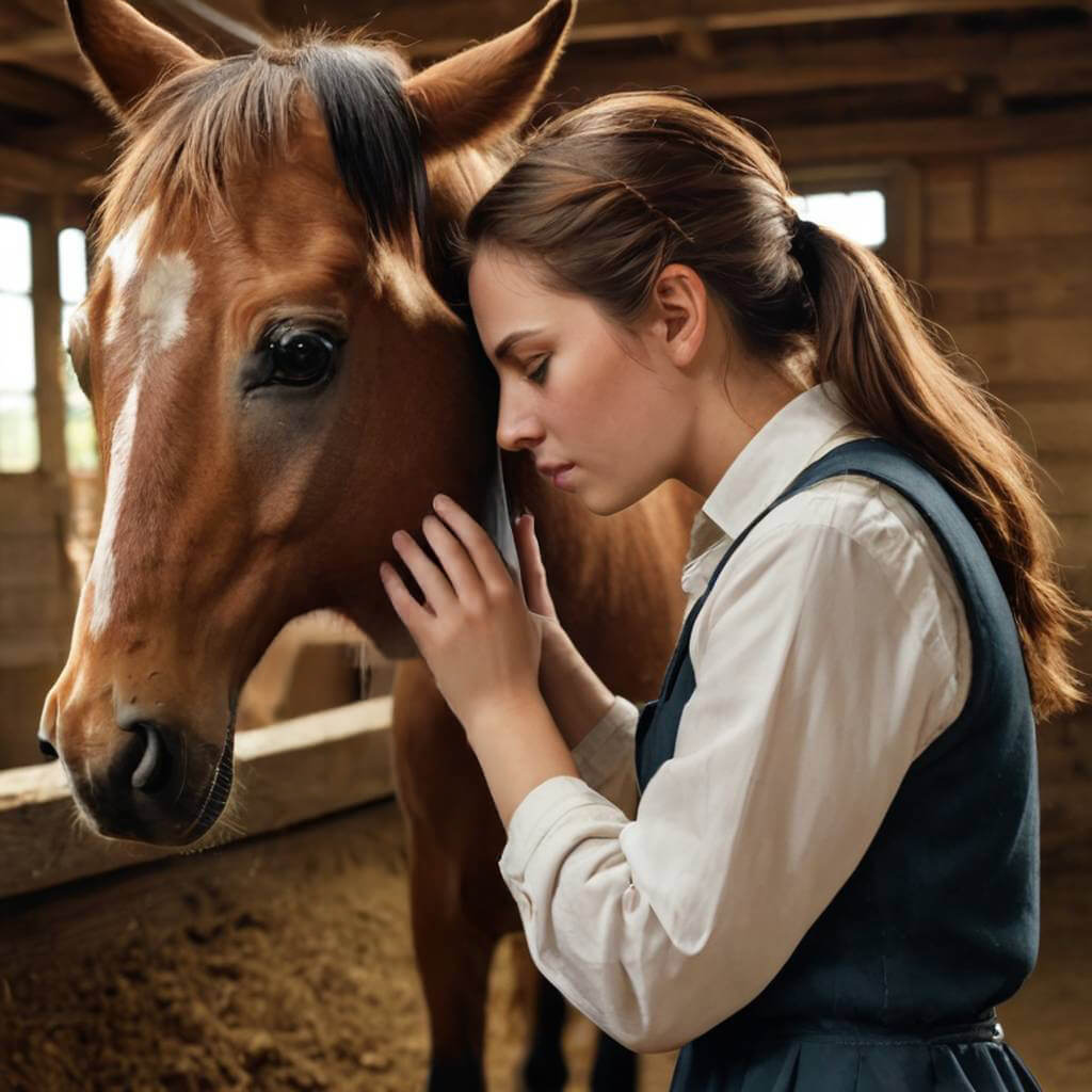 A young girl burying her face into her horse’s neck in a stable.