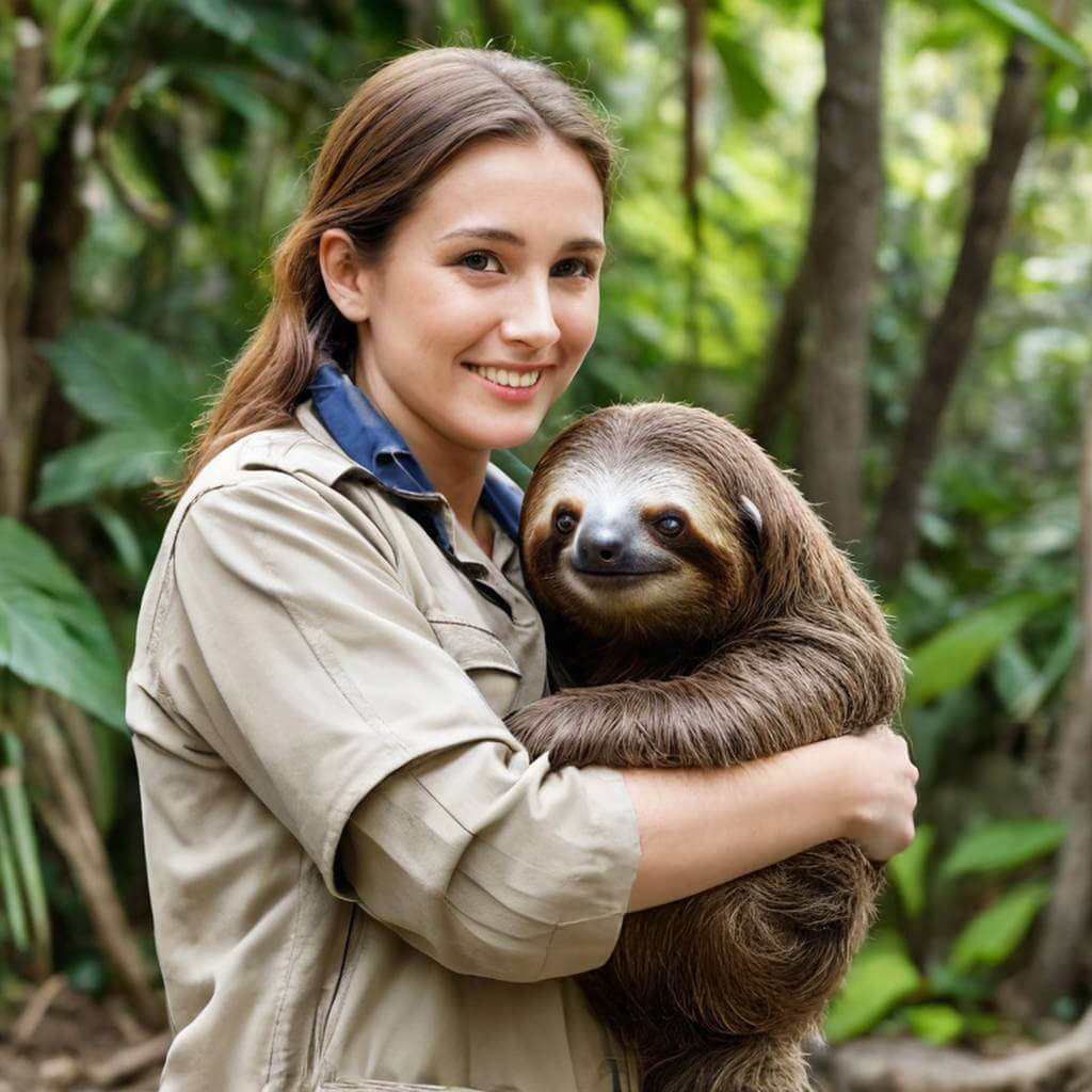 A sloth slowly wrapping its arms around a zookeeper’s neck.