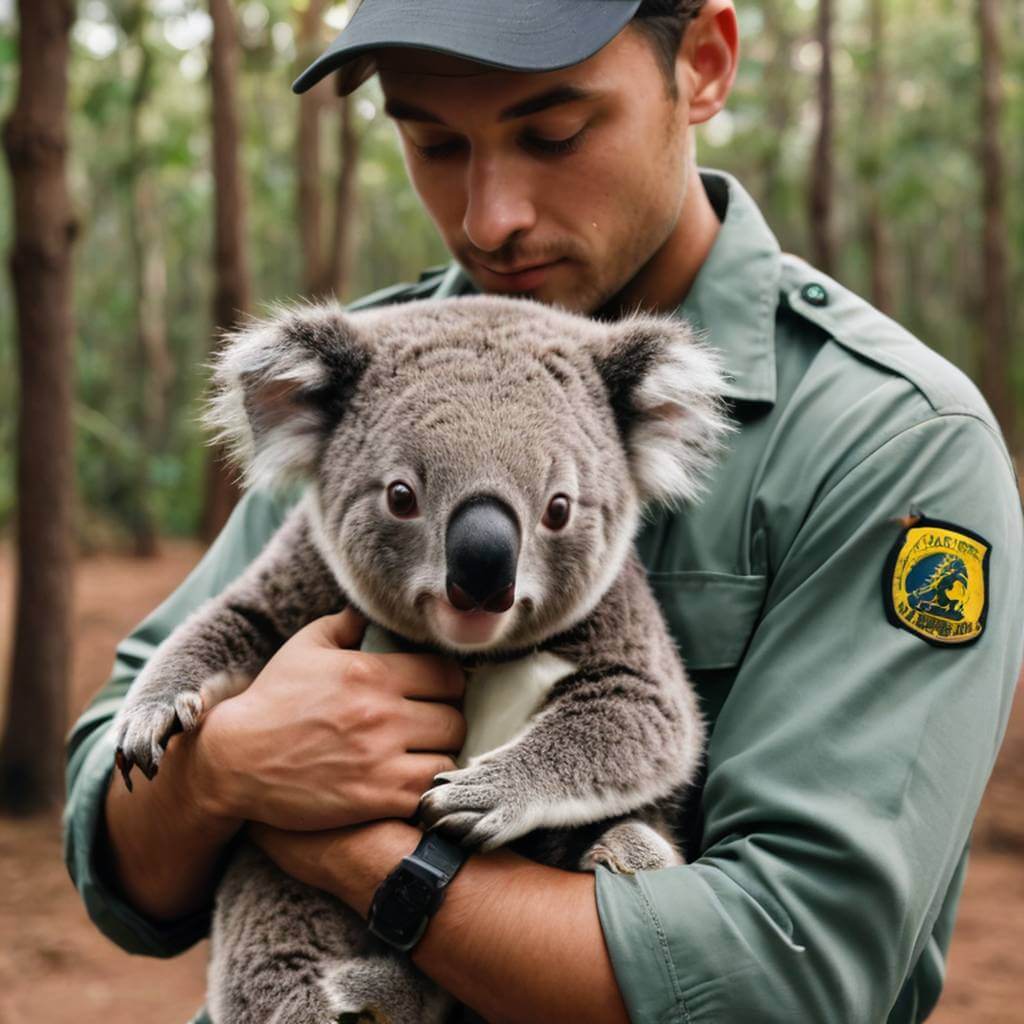 A baby koala tightly hugging a wildlife rescuer's arm.