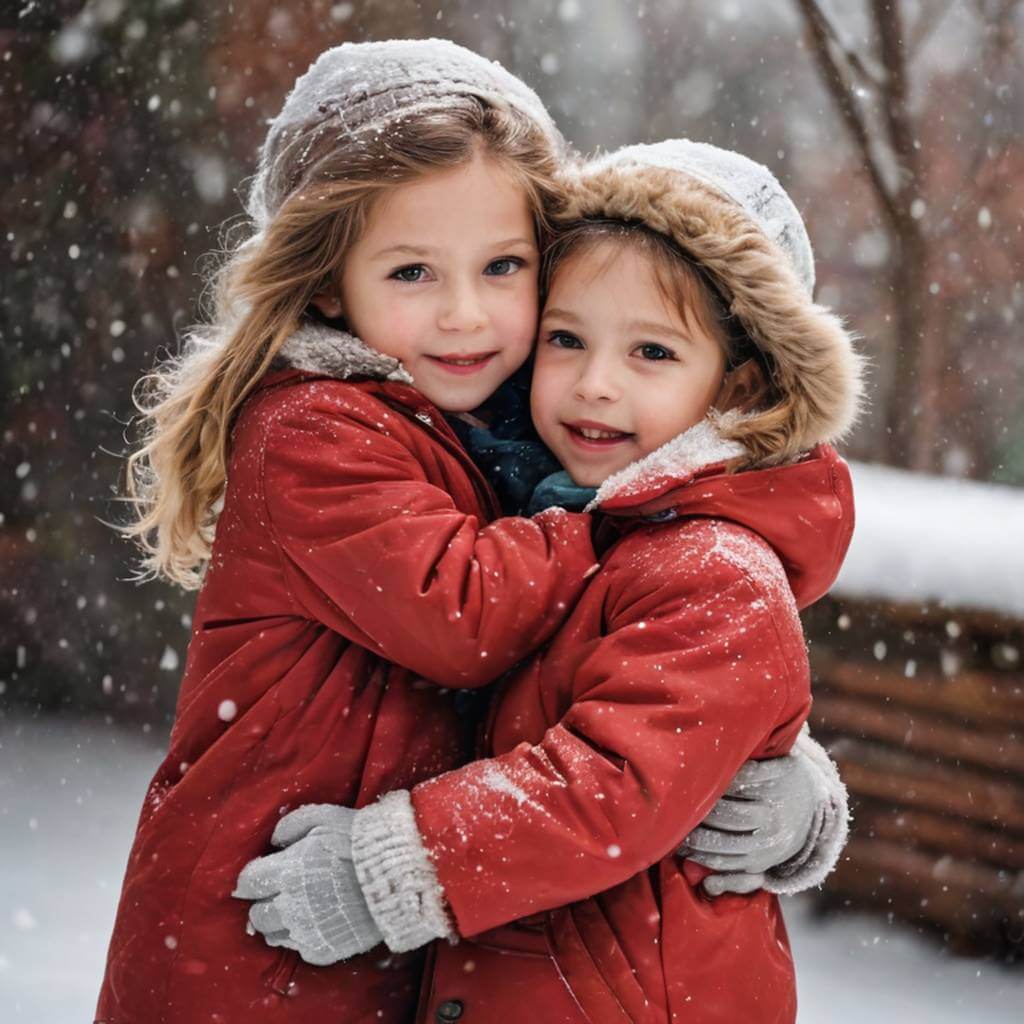 Two children bundled in winter coats hugging each other tightly in a snowfall, cheeks red from the cold.