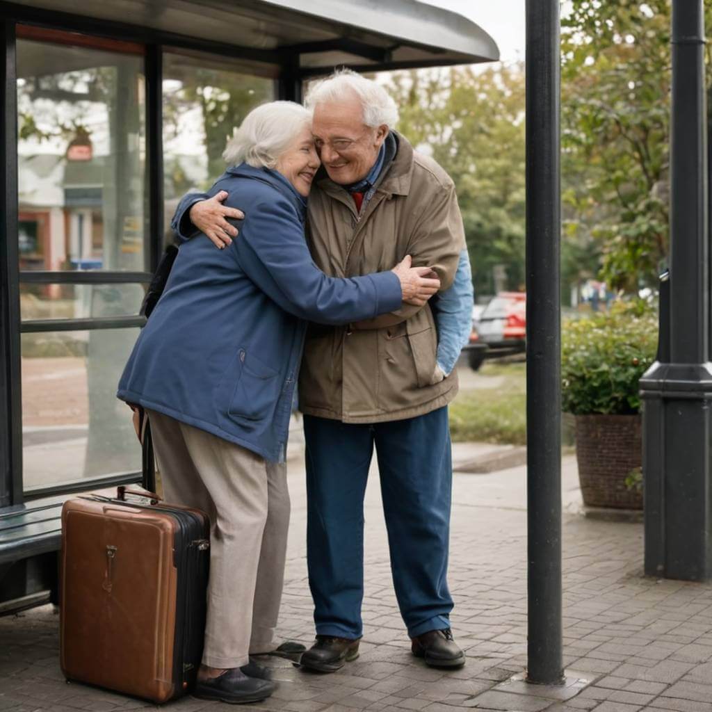 Two elderly best friends hugging goodbye at a bus stop, one with a suitcase, both smiling sadly.